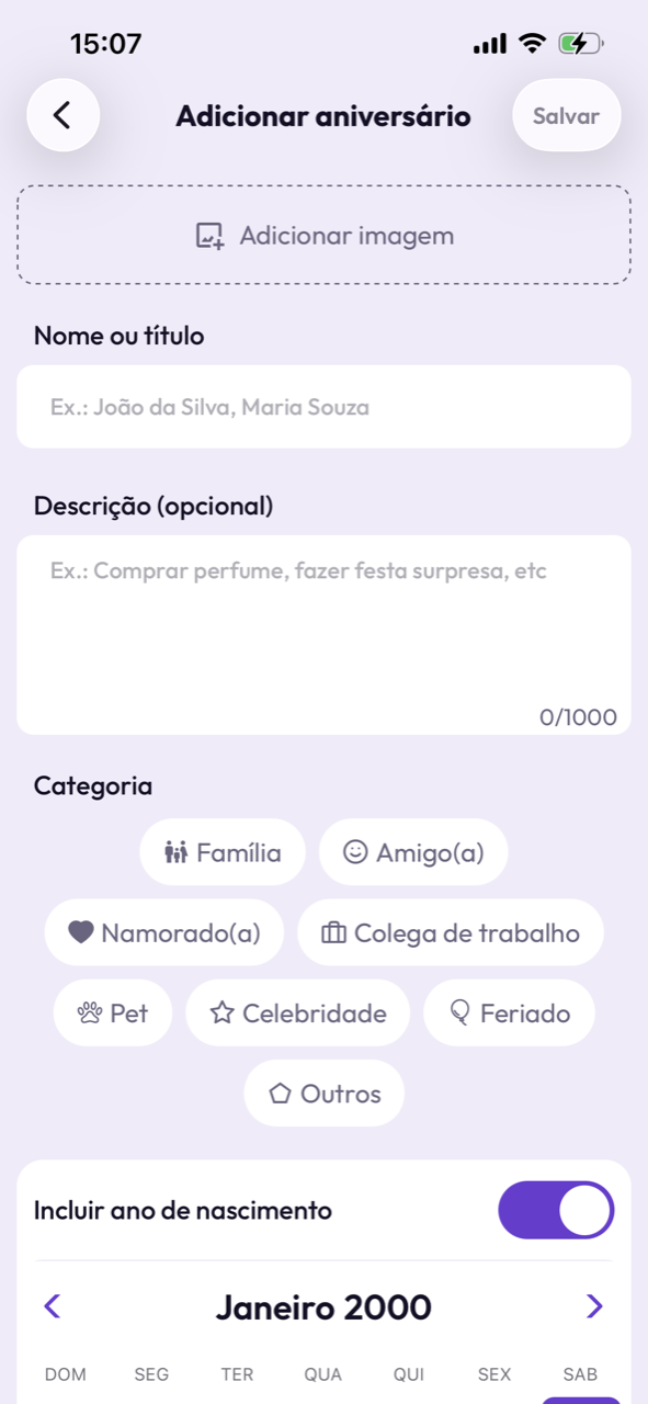 Tela de cadastro de aniversário no Repiday, com campos de nome, descrição e categorias