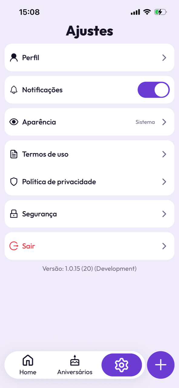 Tela de Ajustes do Repiday, com a opção Perfil no topo da lista
