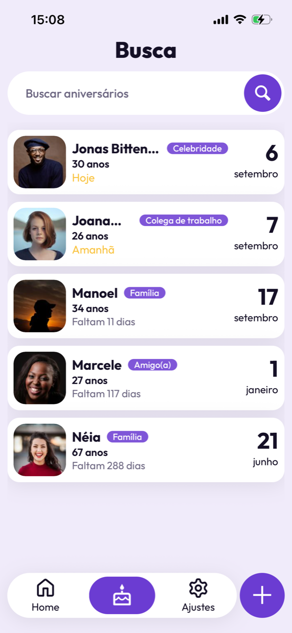 Lista de aniversários do Repiday com busca, categorias e dias restantes