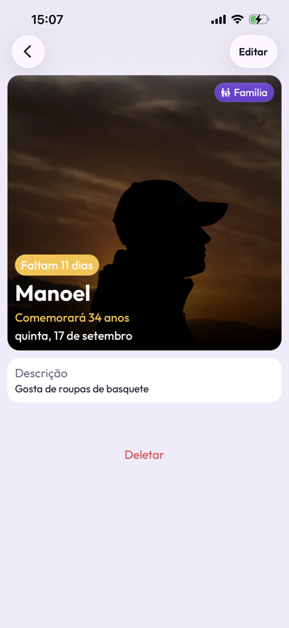Detalhe de um aniversário no Repiday mostrando idade, data e anotações
